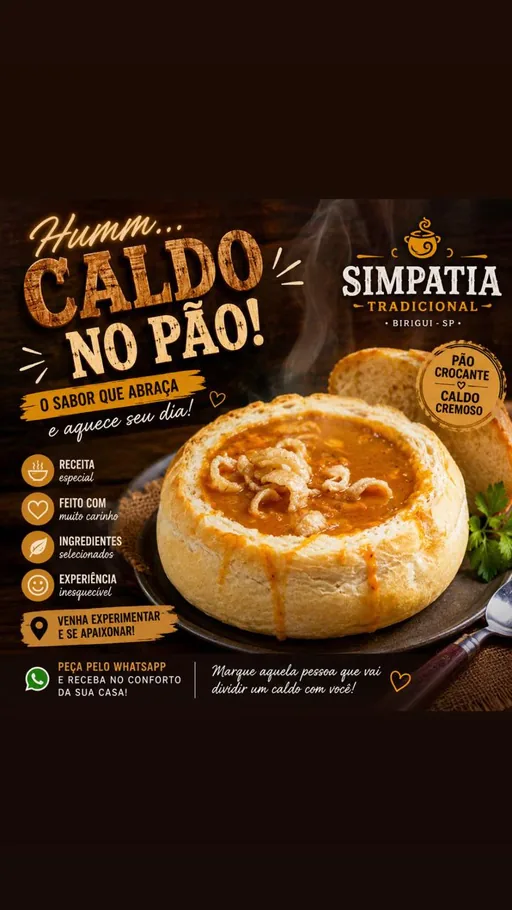 Caldo servido dentro do pão no Mané Simpatia